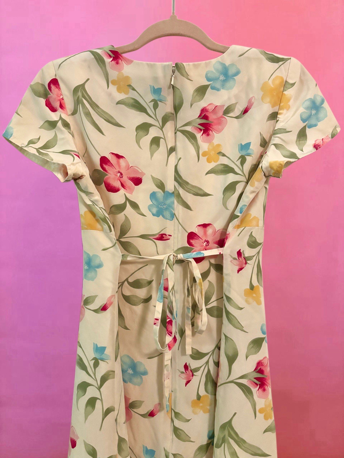 Vintage 80s 90s Patrick Petite 100% Silk Butter Yellow Pink Floral Maxi Dress 6P