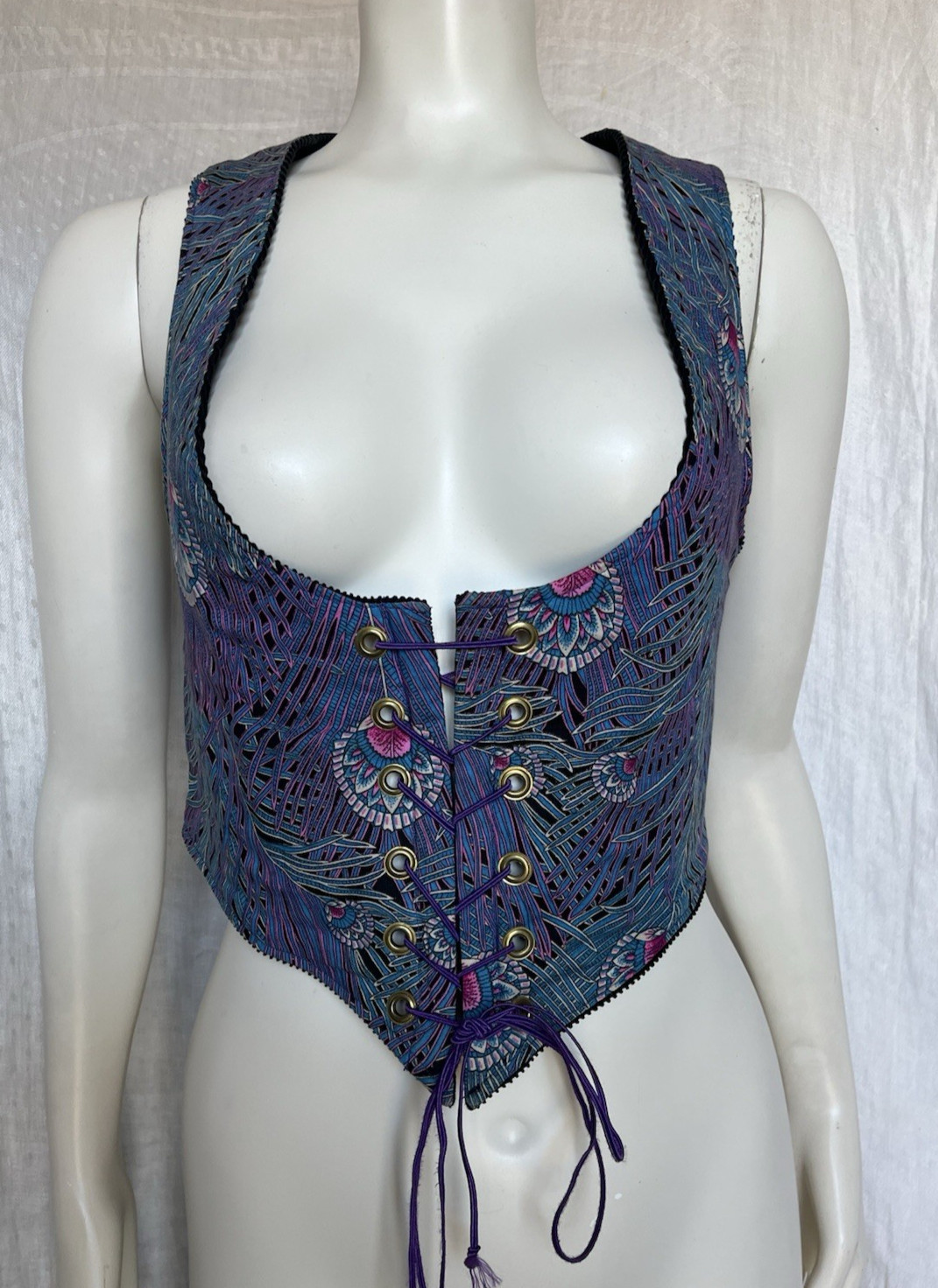 Vintage 70s Corset Vest Underbust Waistcoat Handmade Reversible Goth Festival S