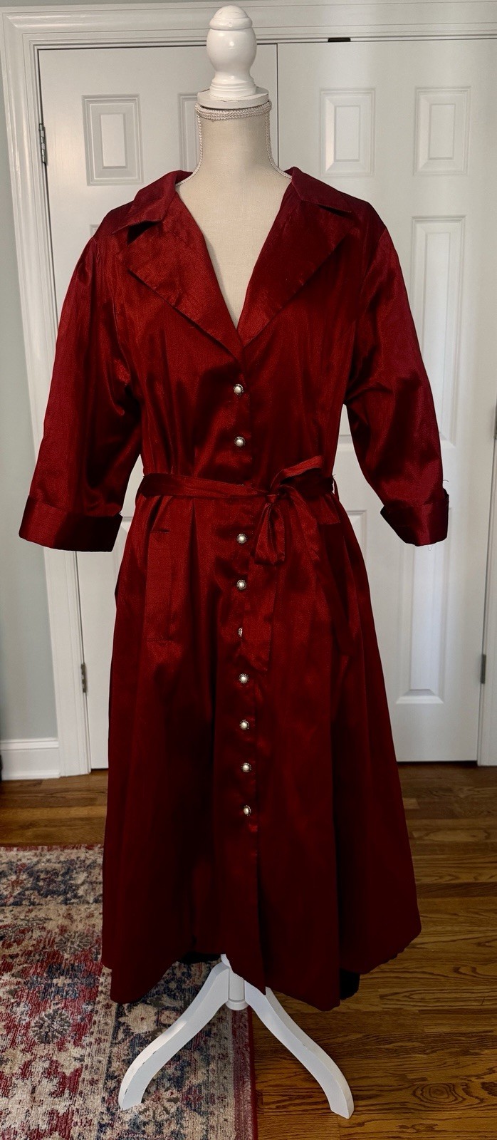 Vintage Wine Buttoned & Belted Portrait-Collar Taffeta Hi Low Dress Sz 2X