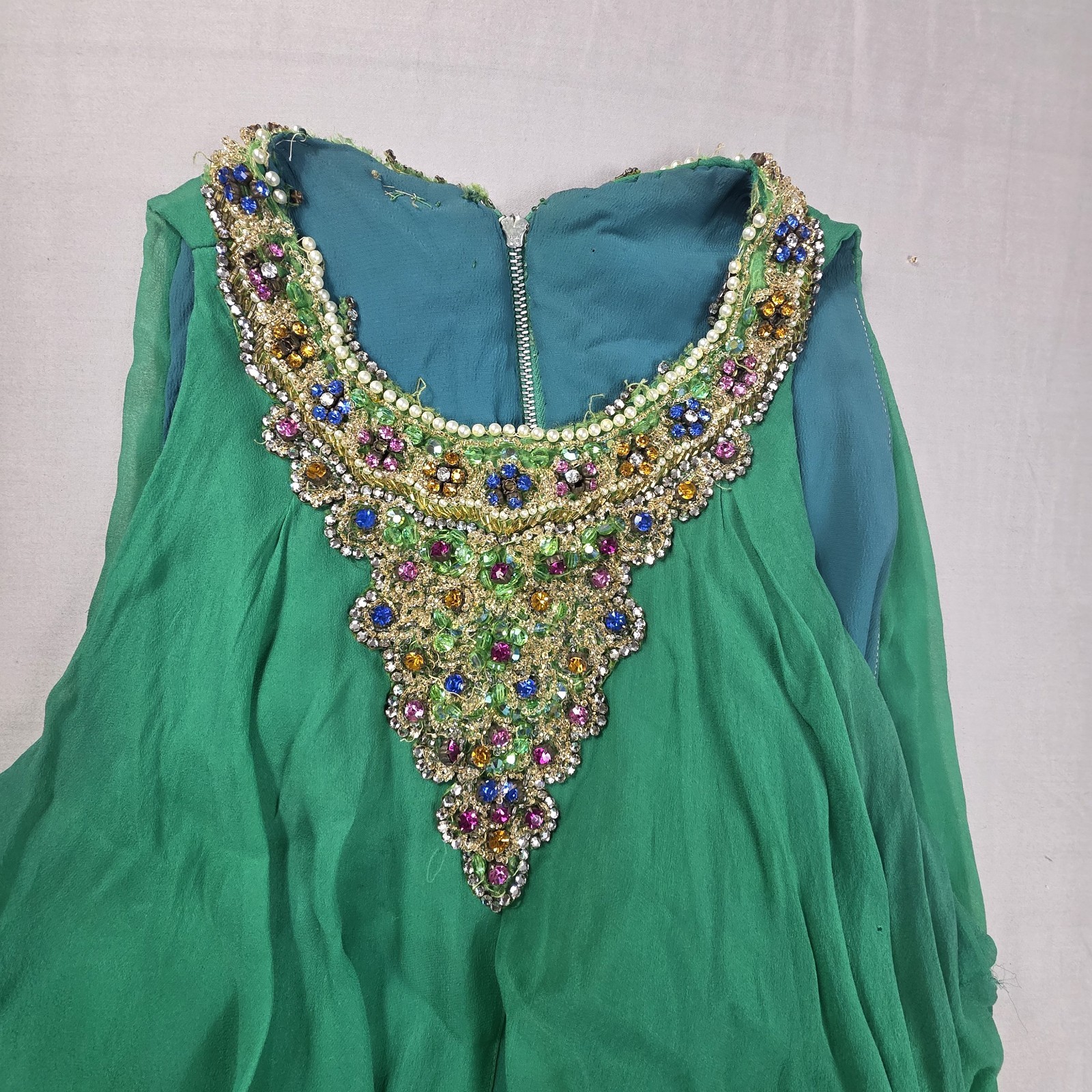 VTG John Doyle Bishop Seattle Beaded Silk Chiffon Gown Green Avant Garde Read