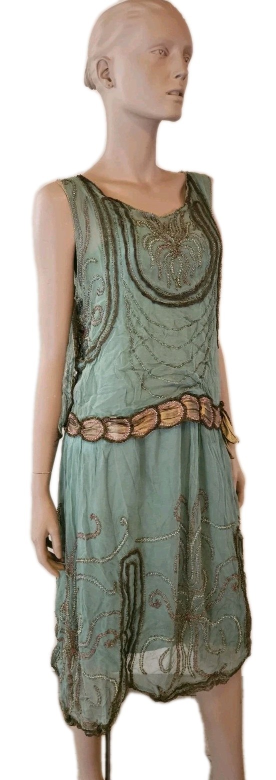 Antique 1920s French Beaded Flapper Dress Gold Lace Vintage Art Deco Bust 36