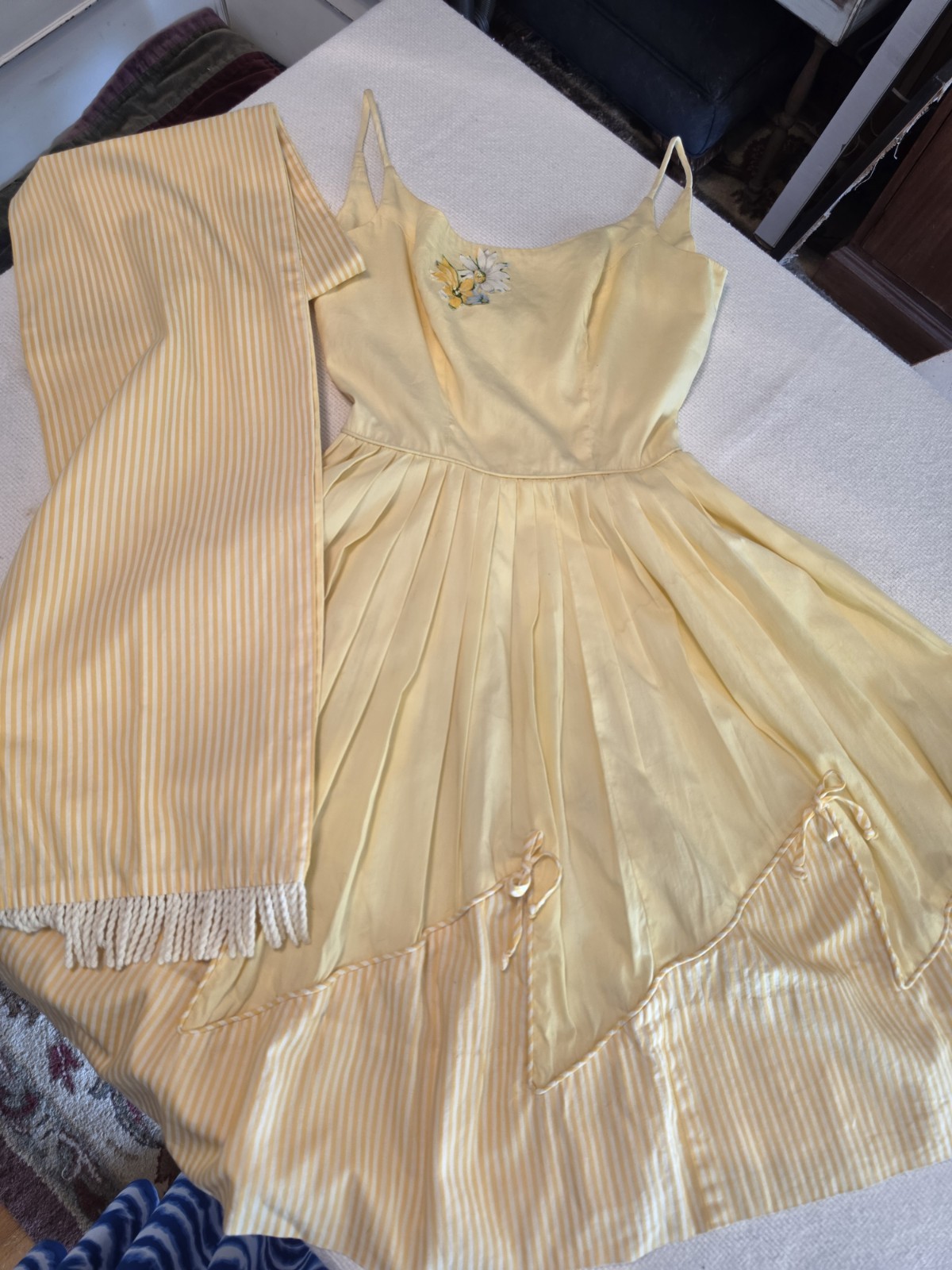 1950&rsquo;s Vintage Yellow White Striped Zip Cotton Fit & Flare Sundress XS