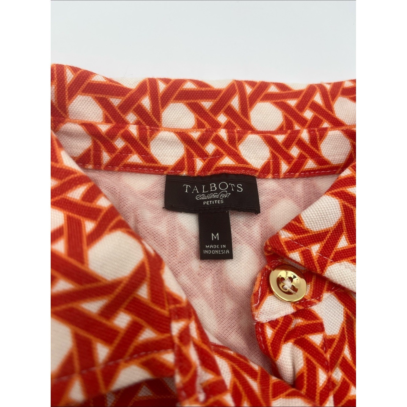 Vintage Talbot&rsquo;s Petites 3/4 Sleeve Orange/White Geometric Print Polo Top
