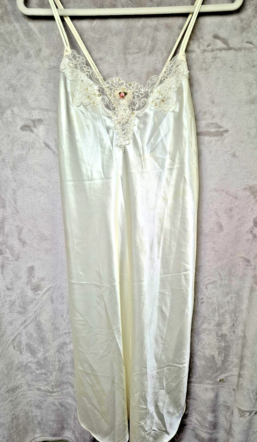 Vintage California Dynasty Ivory Satin Nightgown Medium Lace Applique Open Back