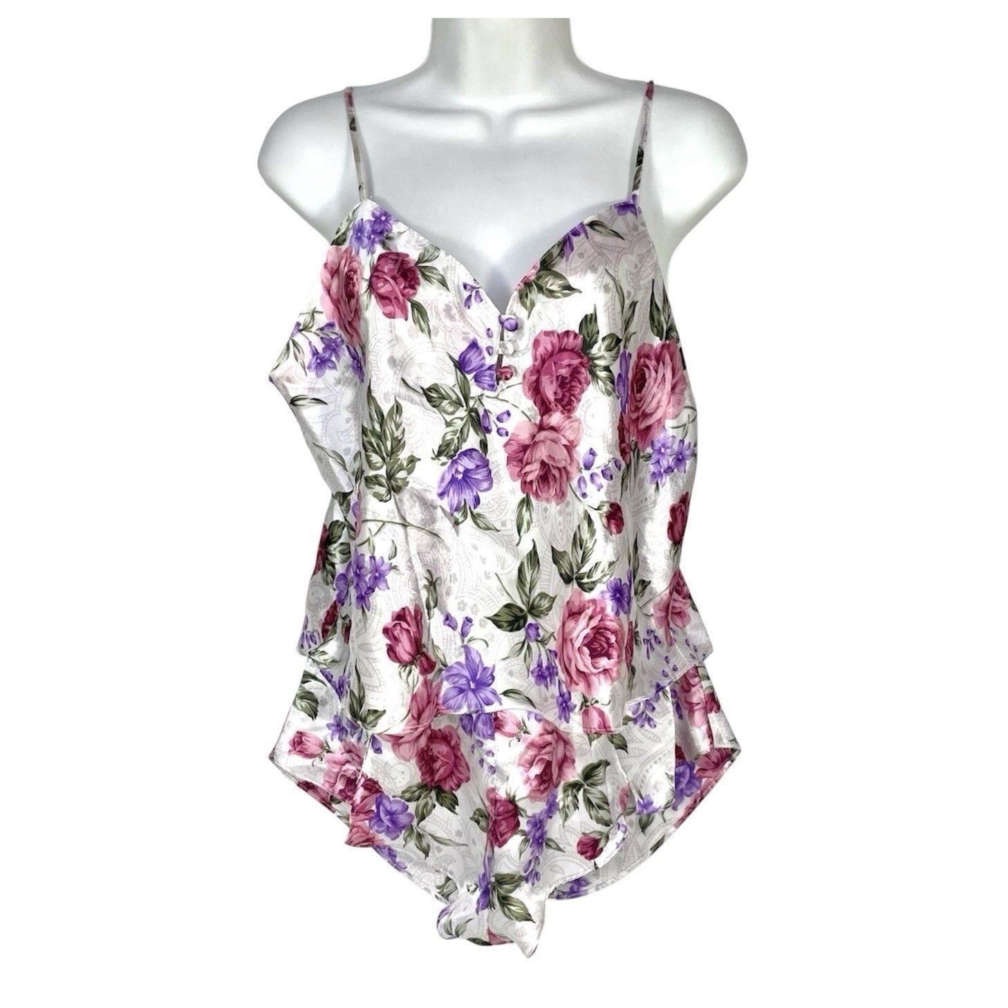 Vintage Cacique Floral Satin Cami Shorts Pajama Set Women&rsquo;s M Y2K