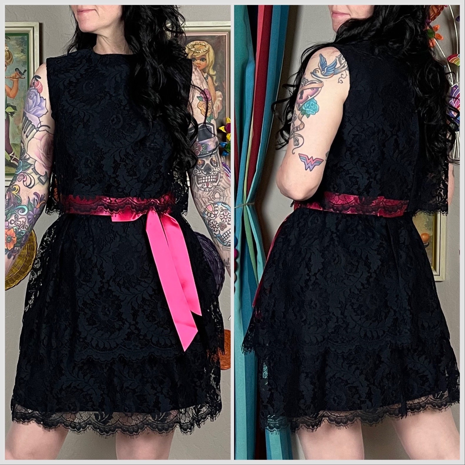 Vintage 1970s Black Sleeveless Tiered Lace Mini Dress | 26&Prime; Waist