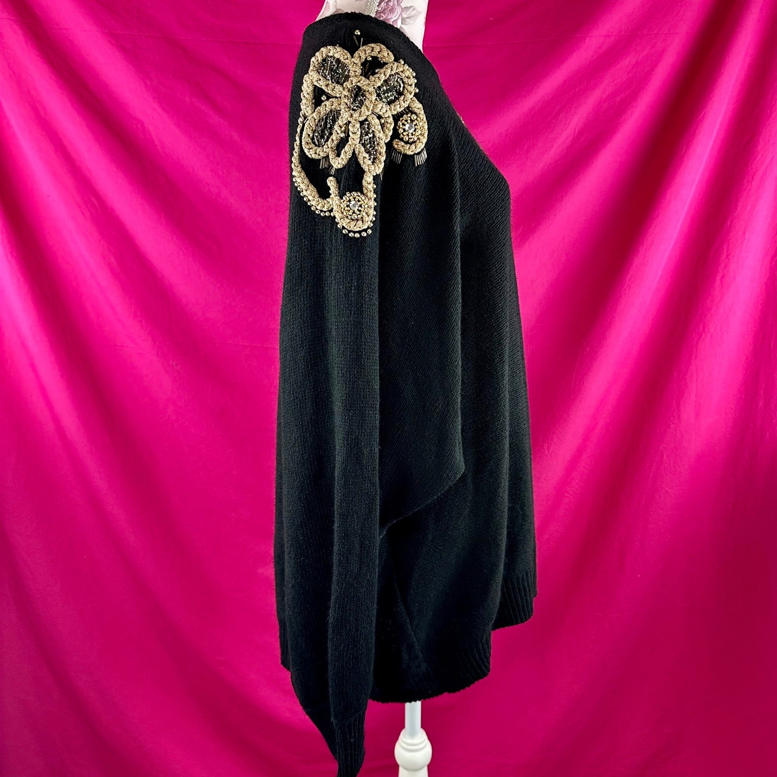 Vintage 80s Beaded Rhinestone Sweater Black Gold Angora Silk Wool NYE Plus 26/28