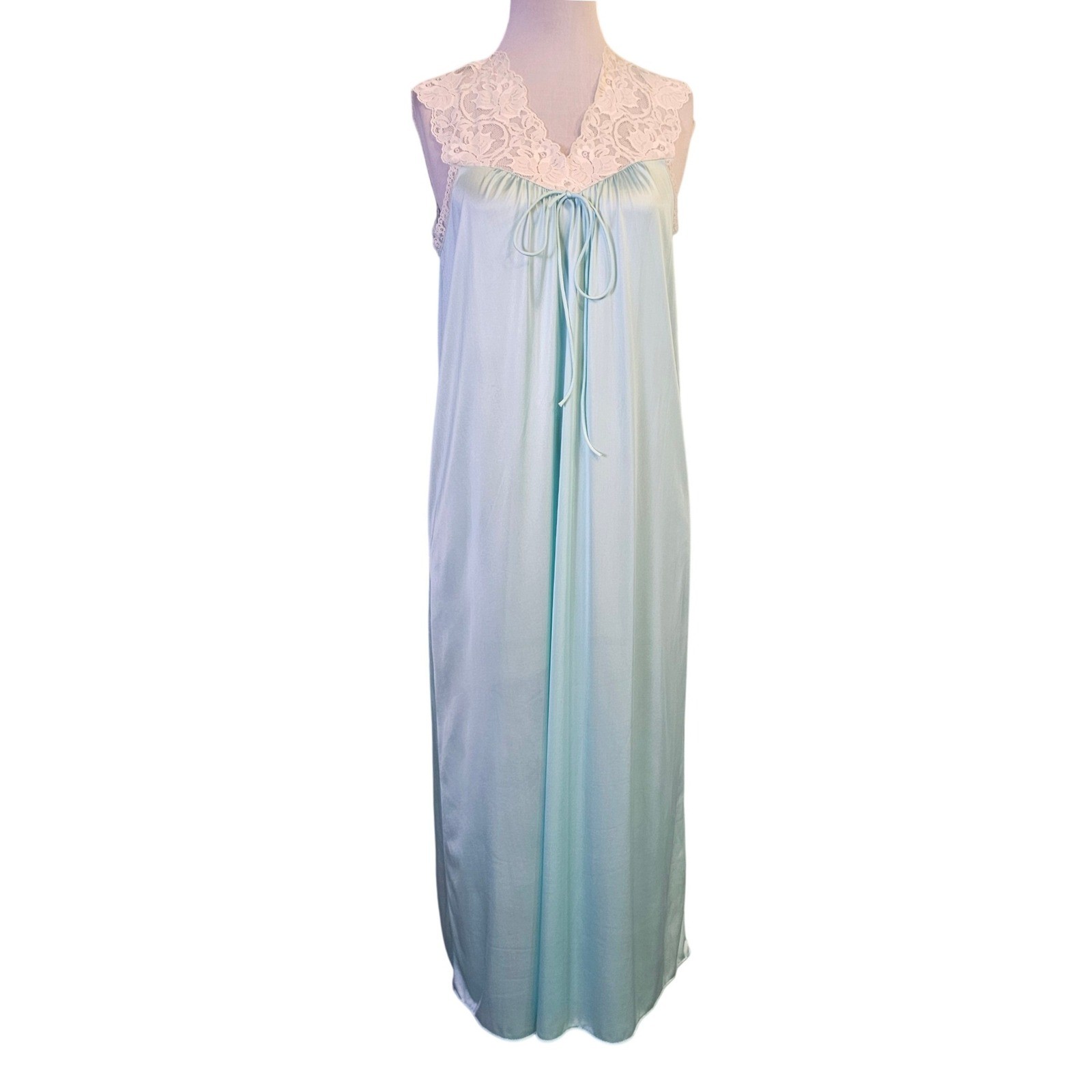 Vintage Becky Sharpe Aqua Blue Lace Nylon Nightgown Maxi Gown USA Women&rsquo;s M