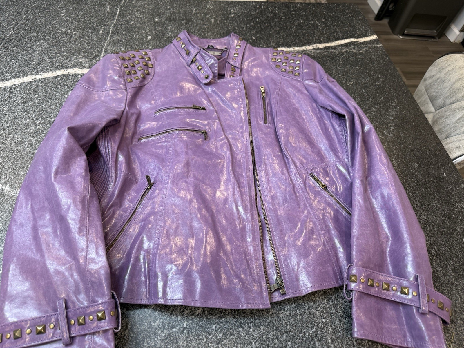 Unique Purple leather moto zipper studded jacket Pamela McCoy