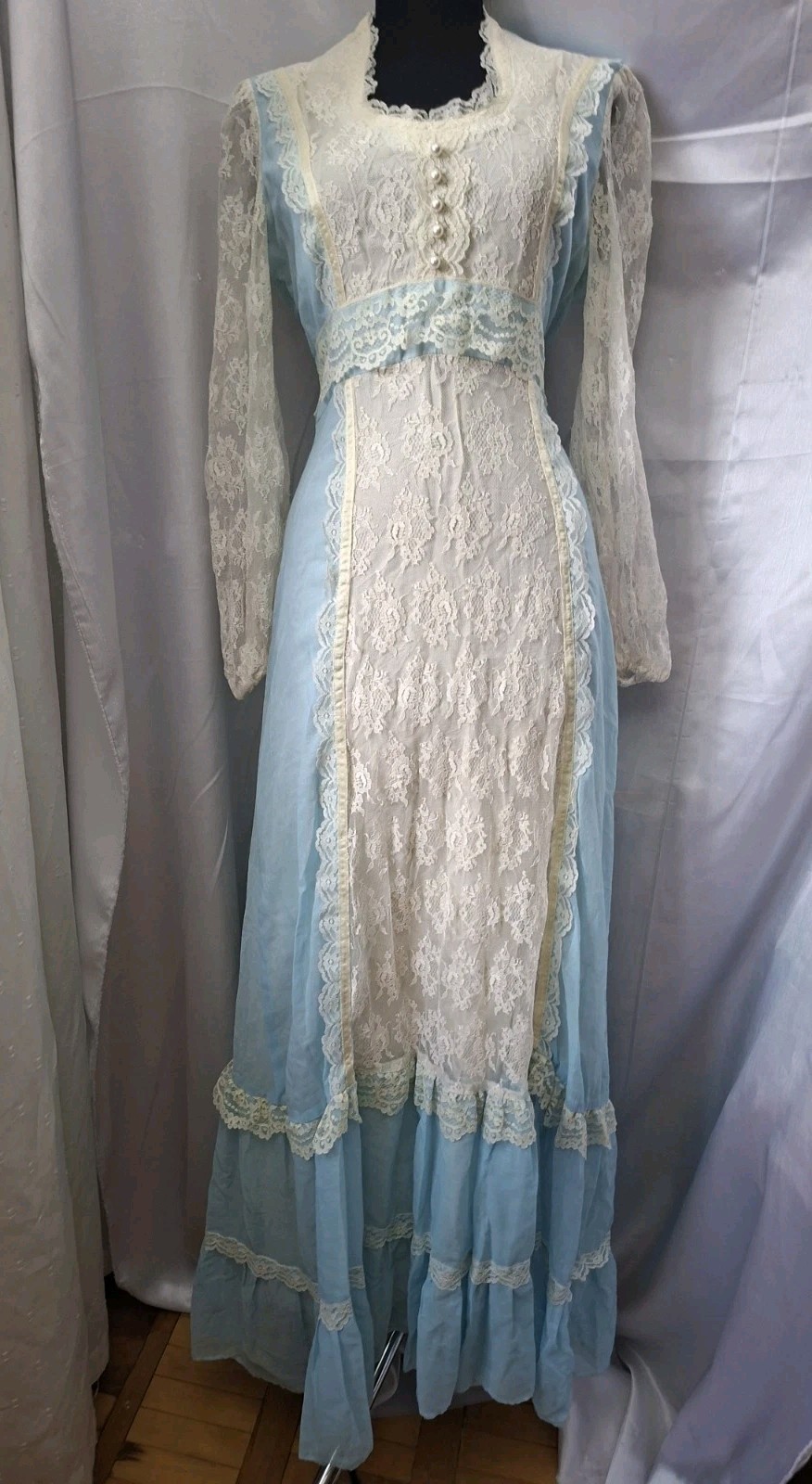 Vintage Prairie Dress Blue Lace Maxi Cottagecore Victorian Edwardian Romantic 6