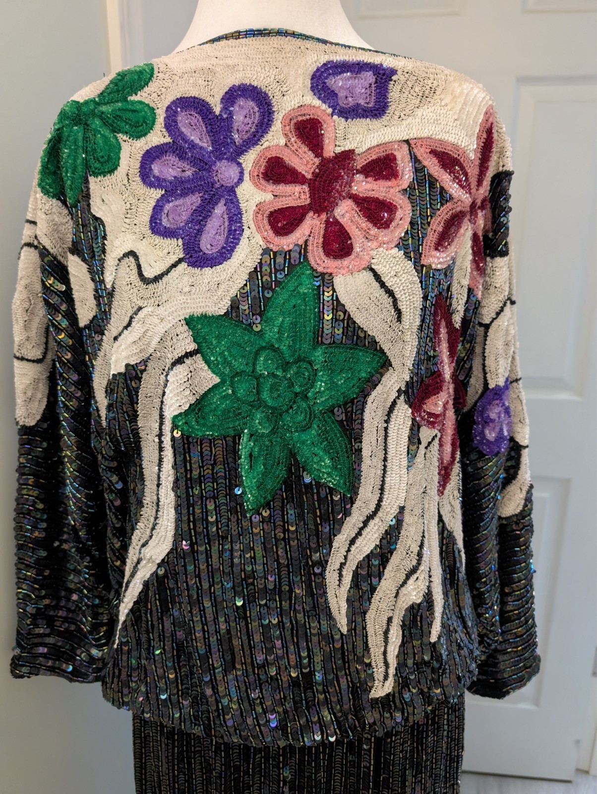 Vintage Hand Beaded Sequin 100% Silk Floral Judith Ann Creations Blouse Skirt L