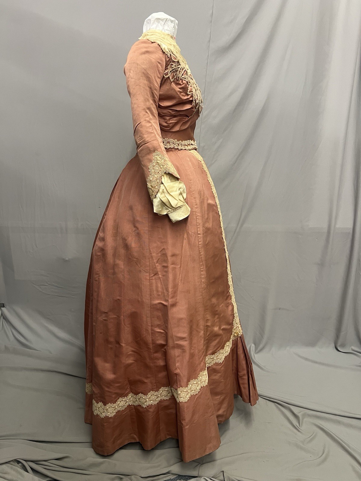 1890’s Peach Silk Faille & Lace Bustle Dinner Gown