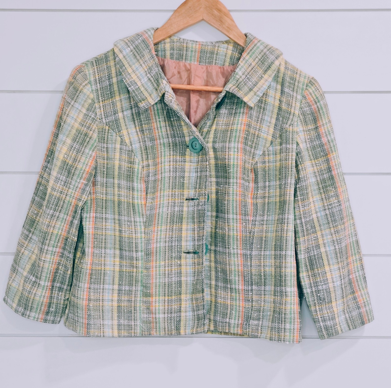 Vintage 1960s Mod Plaid Cropped Jacket Pastel Tweed Jackie O Spring Coat Retro
