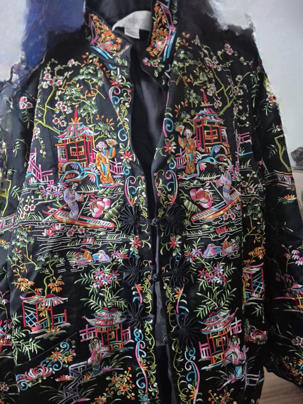 Vintage Silk Cotton Embroidered Jacket Black Multicolor Size 2