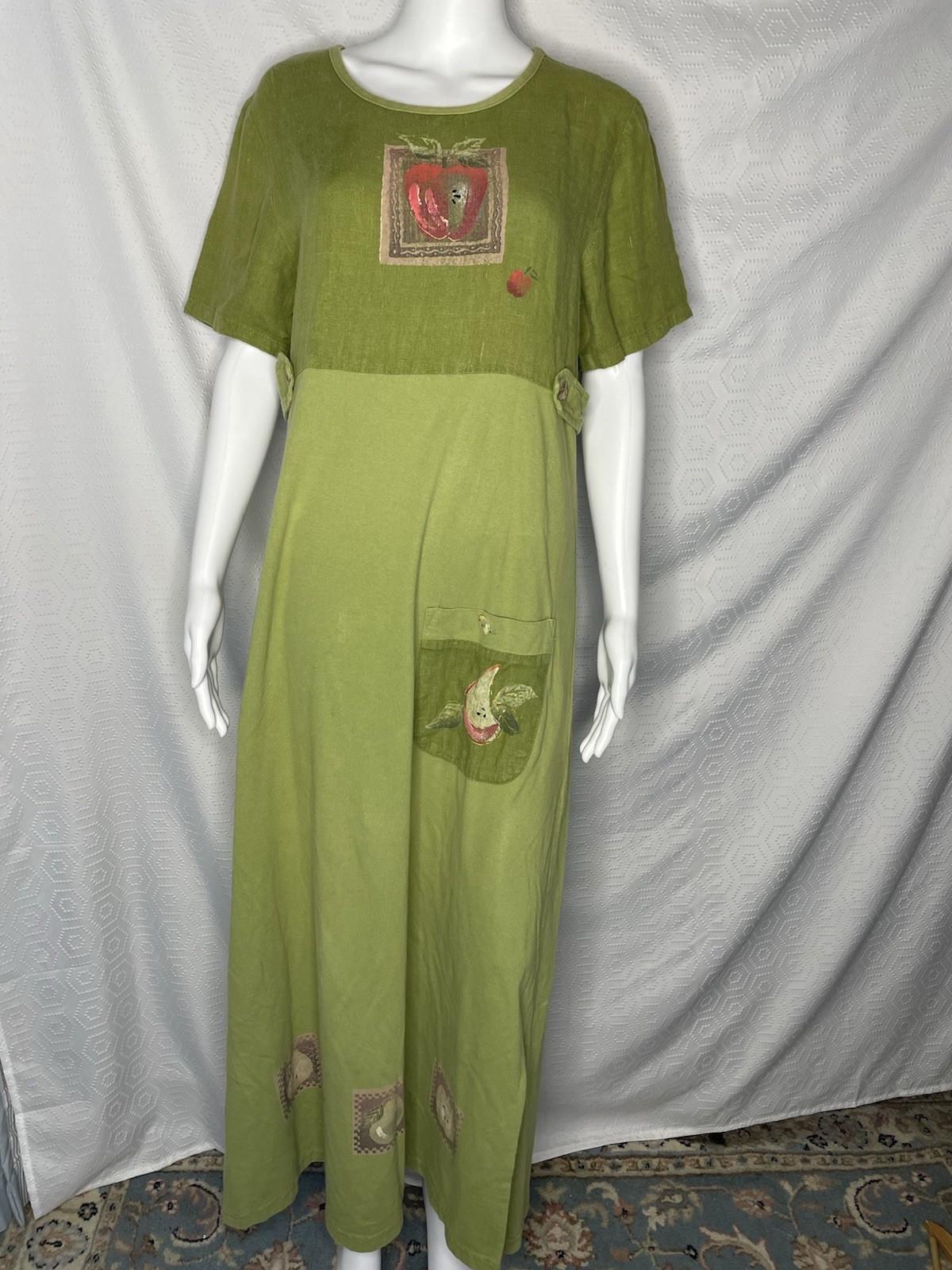 Vtg 90s Donna Maxi Dress Cotton Linen Hand Painted Art To Wear Lagenlook S Green