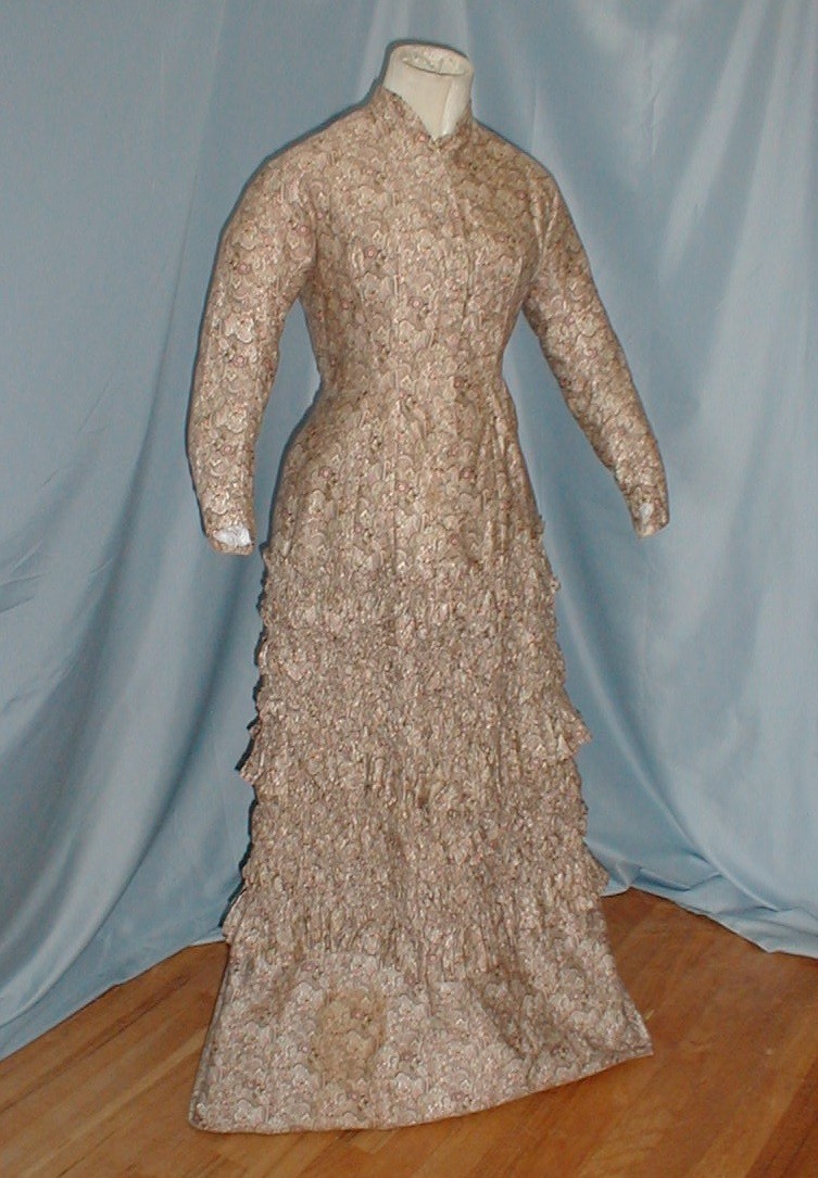 Charming Antique Bustle Dress Victorian 1880 Beige Printed Cotton