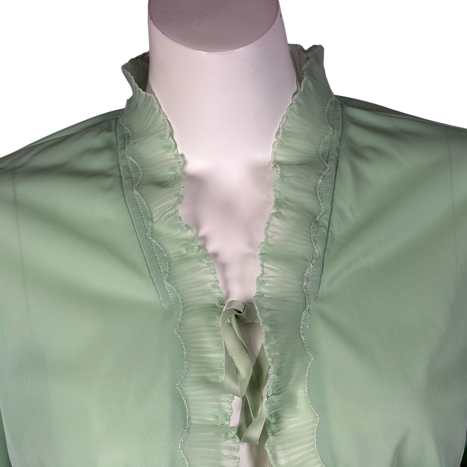 Vintage Cropped Nylon Bed Jacket with Ruffle Trim Front Tie Light Green One Size