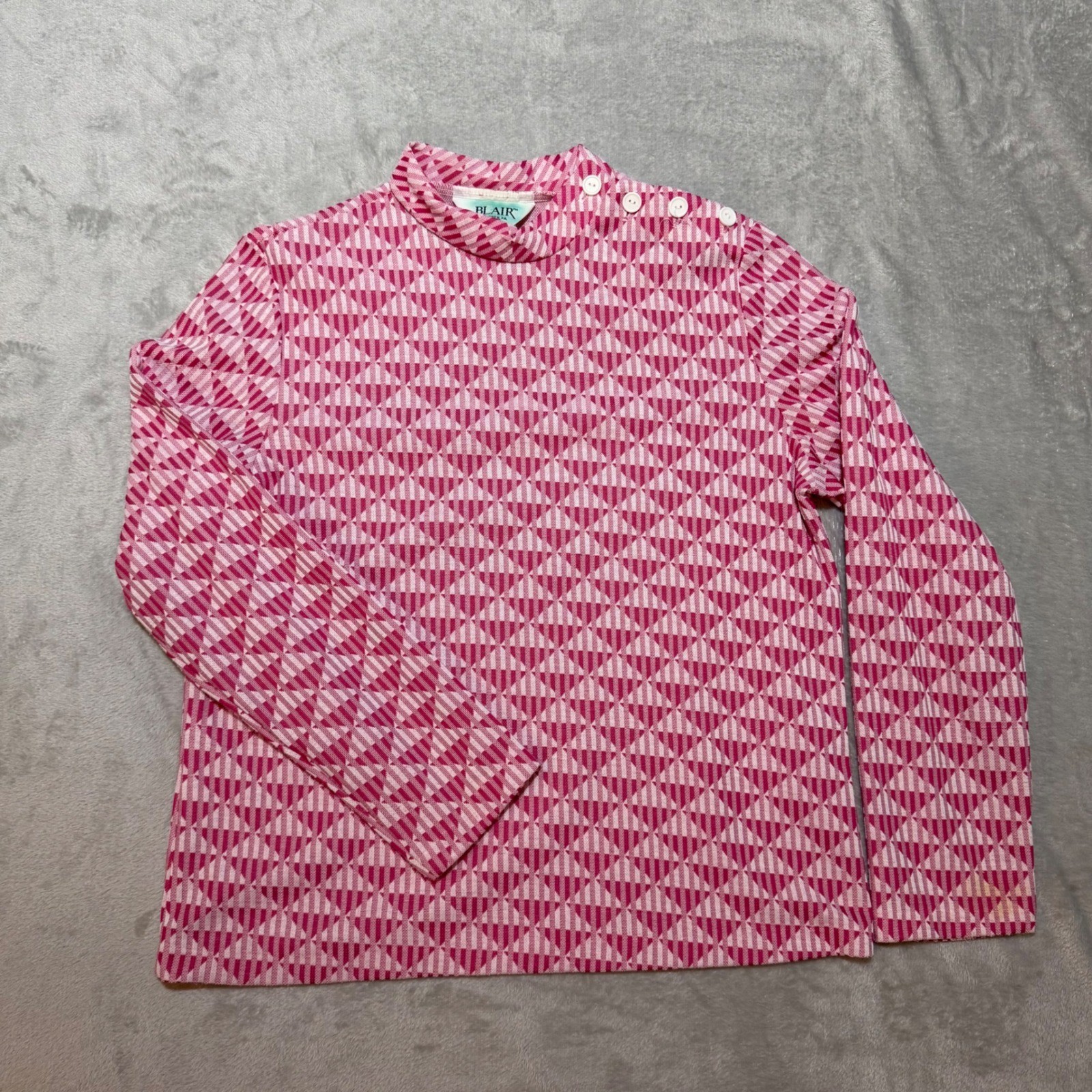 Vintage 70s Blair Pink Geometric Mock Neck Button Shoulder Top Made in USA Large
