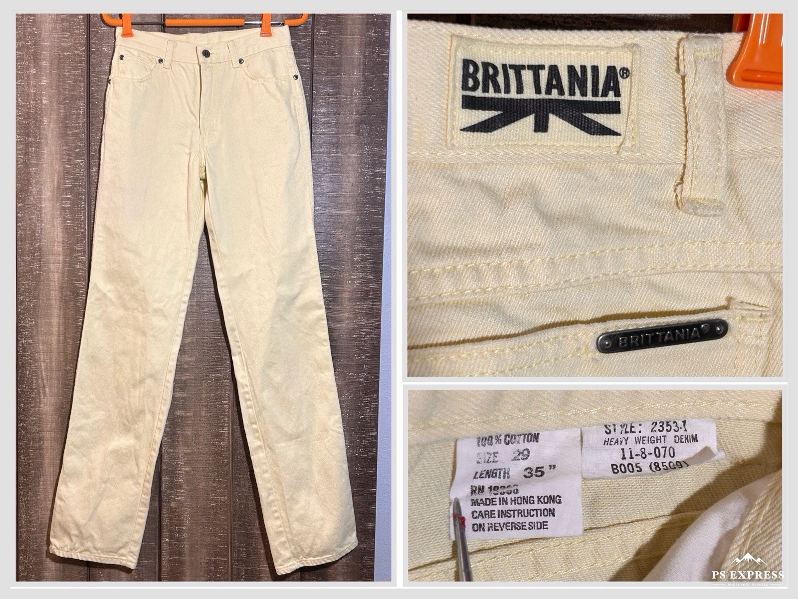 Vtg 80s Brittania Yellow Denim Jeans 28×34 High Rise Straight Leg Made In HK 29
