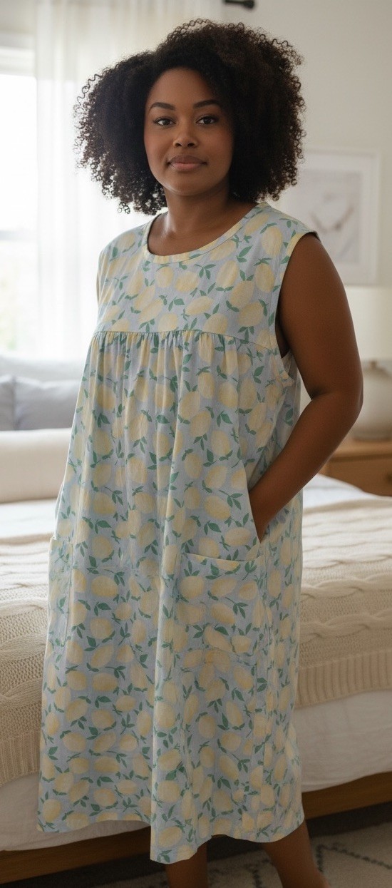 Vintage NATIONAL House Dress Robe Large Blue Yellow Lemon Print Sleeveless EC