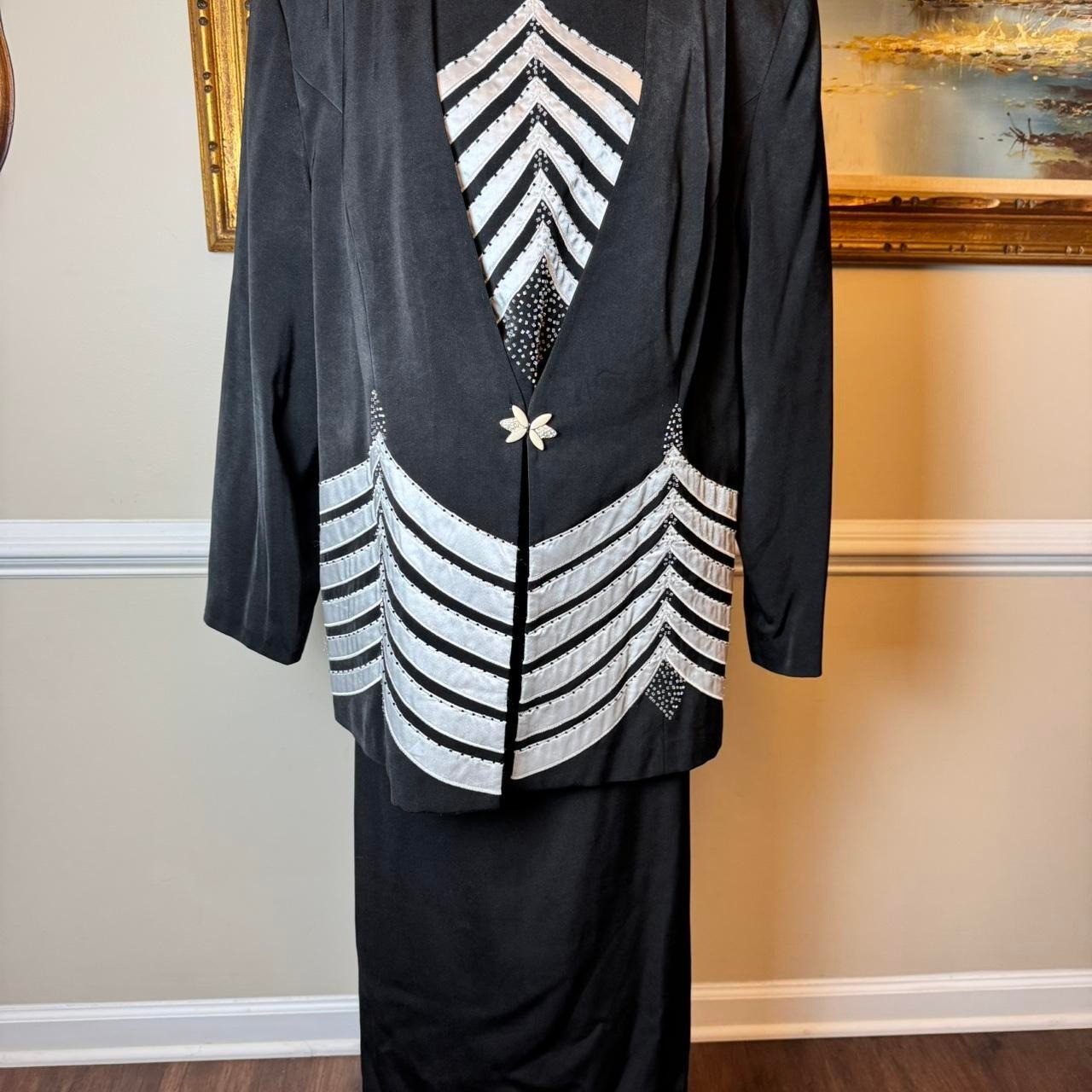 Proverbs Vintage 3 Piece Skirt Suit Black Silver Rhinestone Chevron Womens 18W