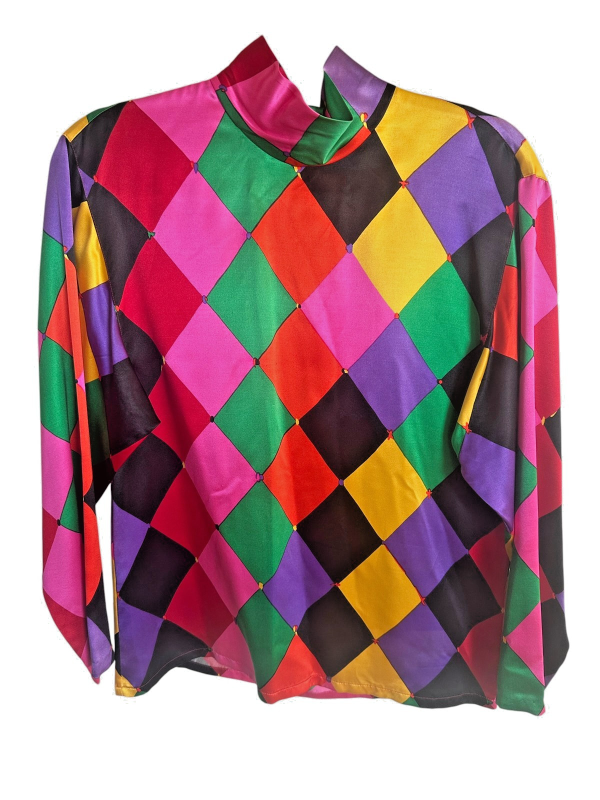 Vintage 90s Emanuel Ungaro Harlequin Silk Top Bright Diamond Print Rare