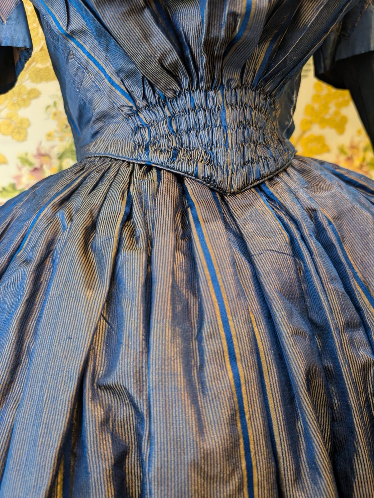 HAND SEWN 1840’S PINSTRIPED SILK TAFFETA TWO PIECE DRESS FROM OHIO ESTATE