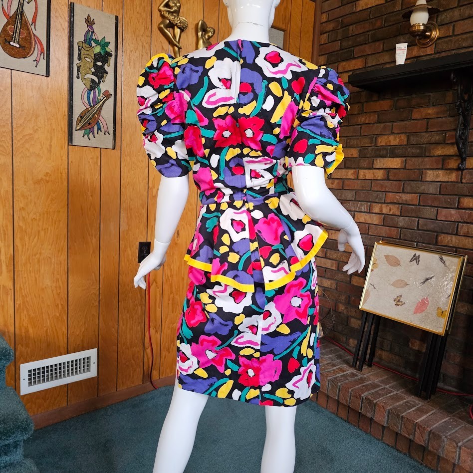 Vintage 80s Abstract Floral Postmodern Dynasty Cocktail Party Wiggle Dress S/M