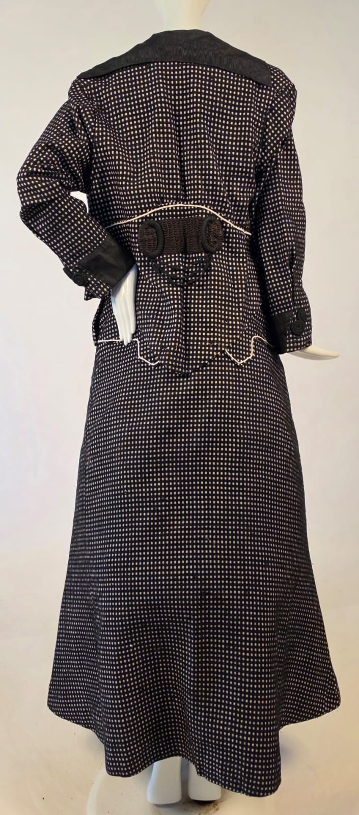 EDWARDIAN BLACK + WHITE CHECK WALKING SUIT W CORD DETAIL + SOUTACHE BELT BACK