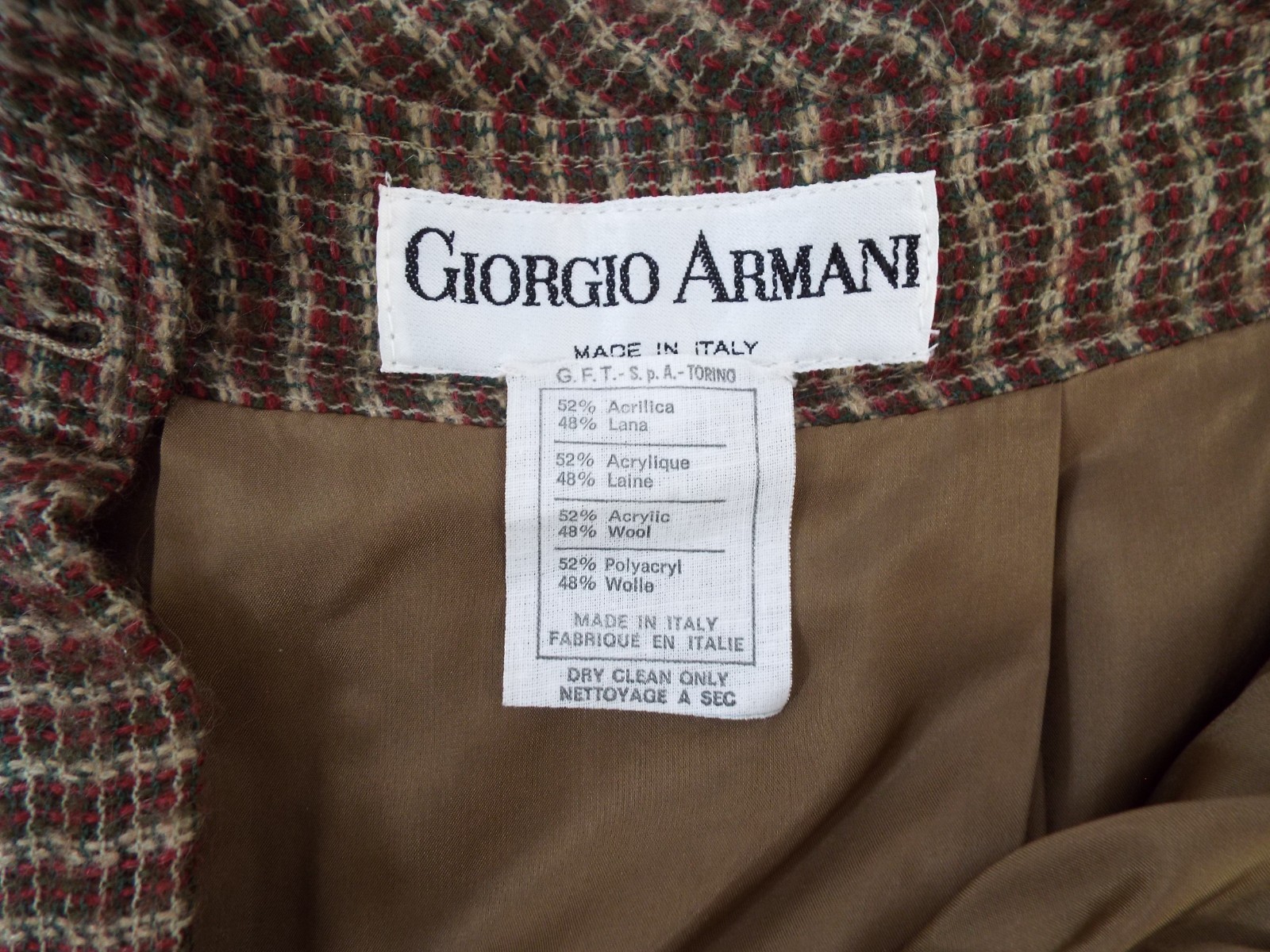 Vintage Giorgio Armani Brown Plaid Wool Blend Maxi Skirt 44 Fold Down Waist