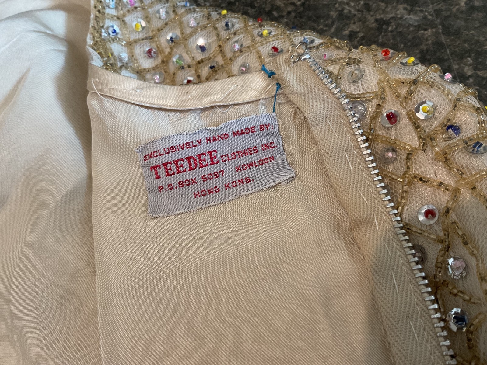 Vintage 1960s Hand Beaded Sequin Womens Top Blouse S Gold 3/4 Sleeve Mod