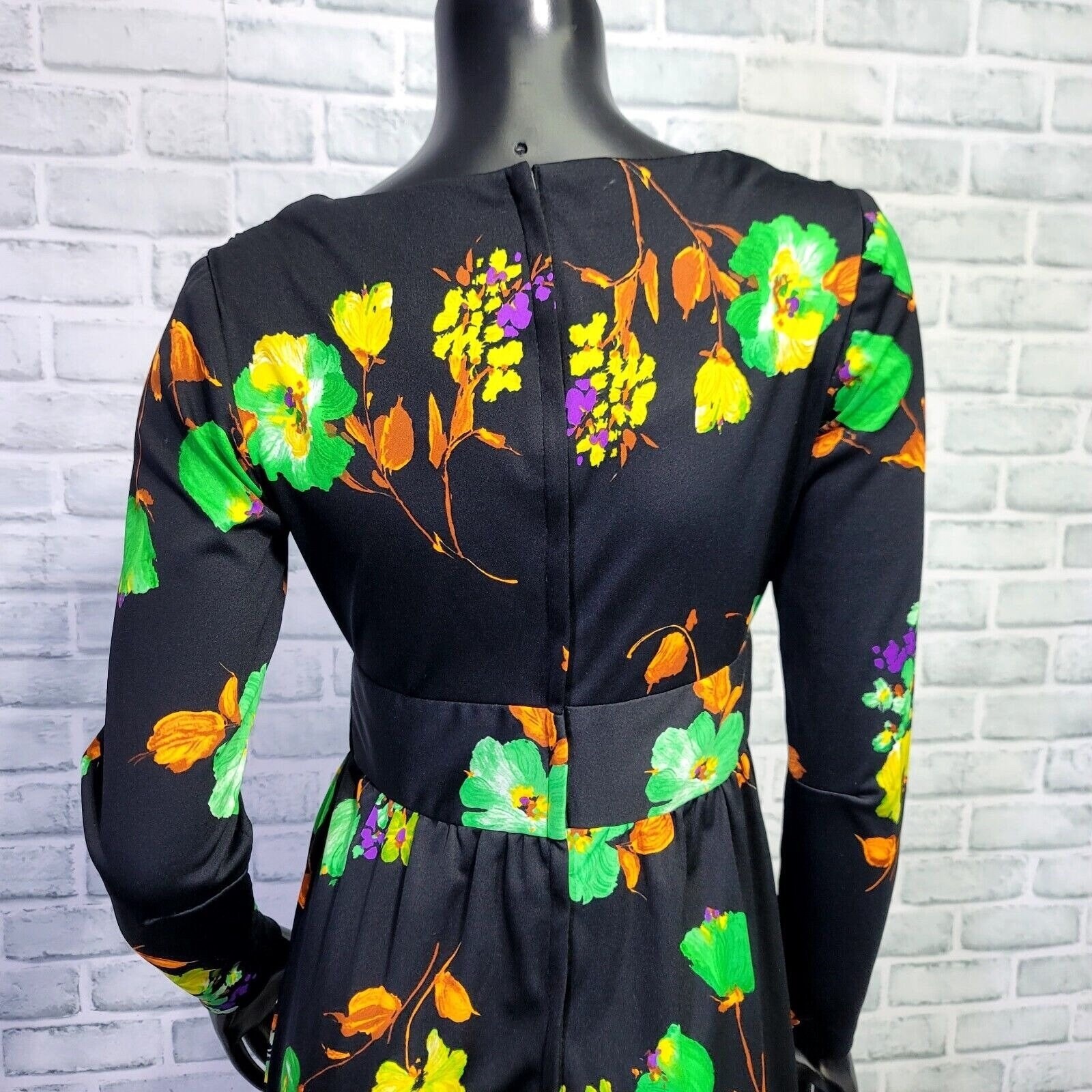 Vintage 70s Black Floral Maxi Dress S Cowl Neck Long Sleeve Mod Boho Glam