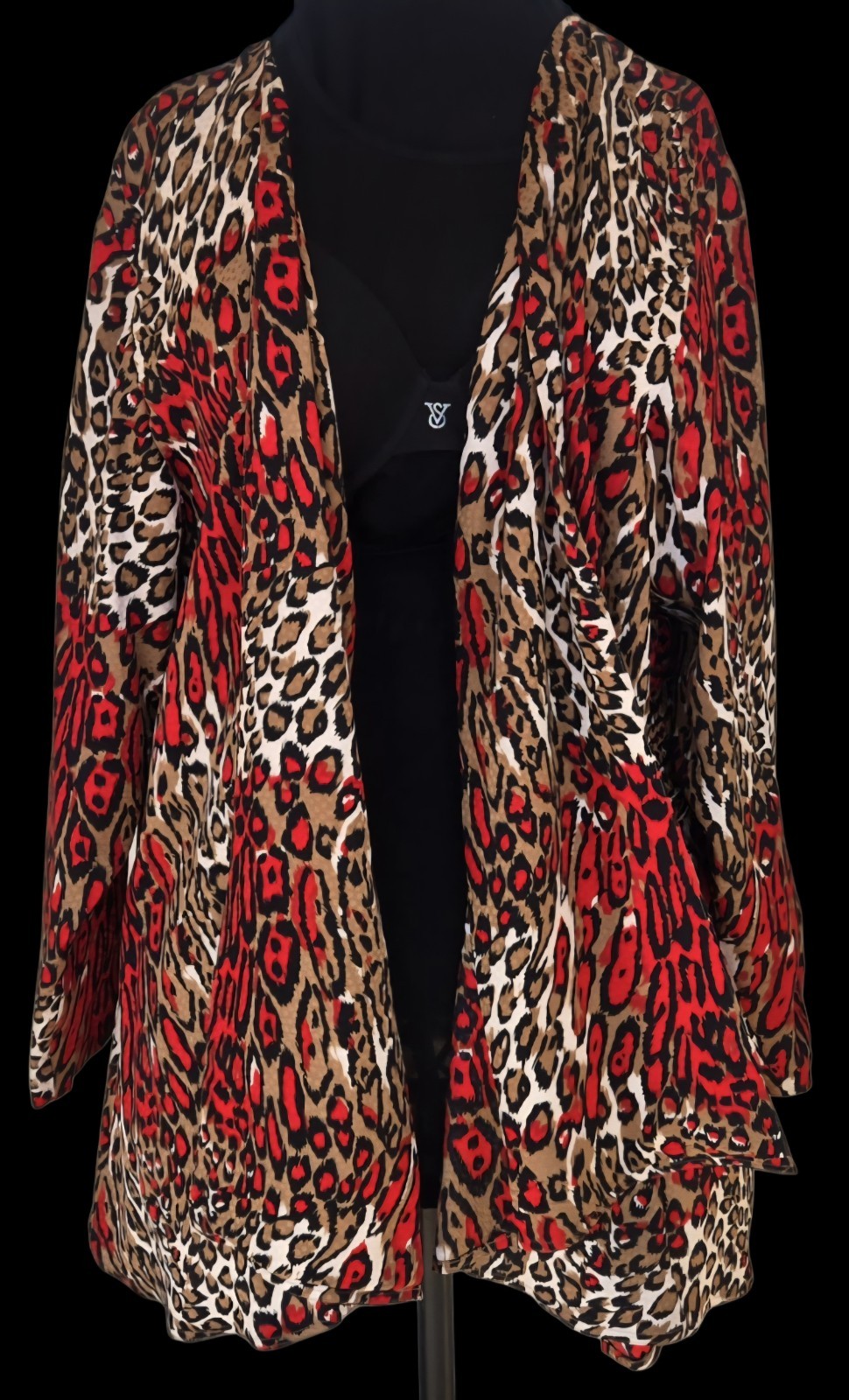 1980s FLORA KUNG NEW YORK Silk Red Brown & White Leopard Print Duster One Size