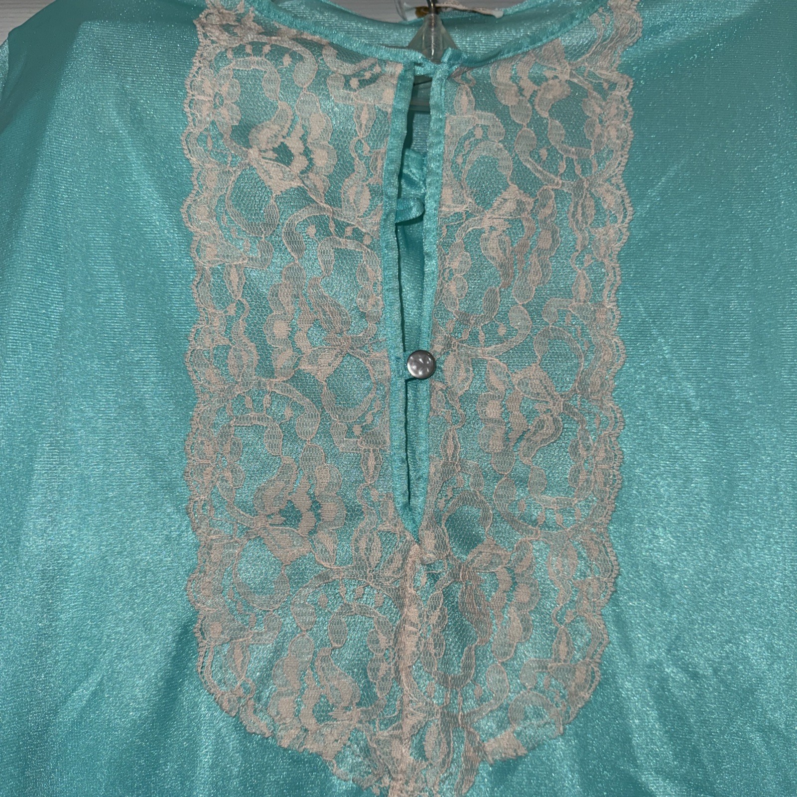 ERICA LOREN Vtg 1970s NYLON Pajama Set AQUA Blue Lace Trim SMALL Boho