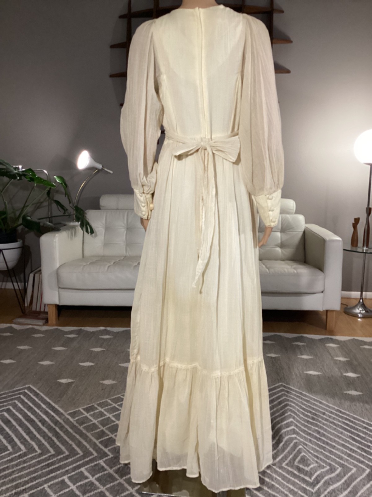 Vintage 1970&rsquo;s Creamy Ivory Gauze Boho Hippie Prairie Maxi Dress Lace Sz 12