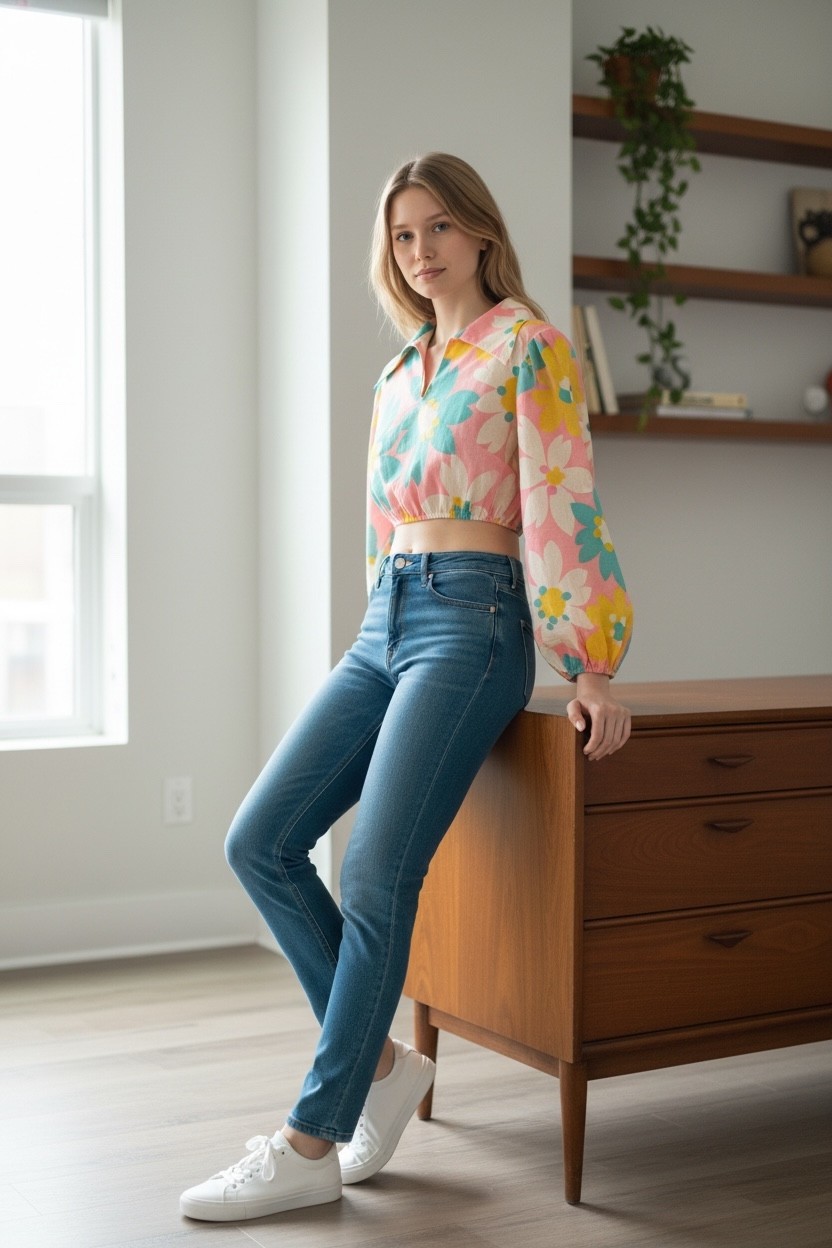 Vintage 70s Dagger Collar Flower Power Crop Top Puffy Sleeves Small