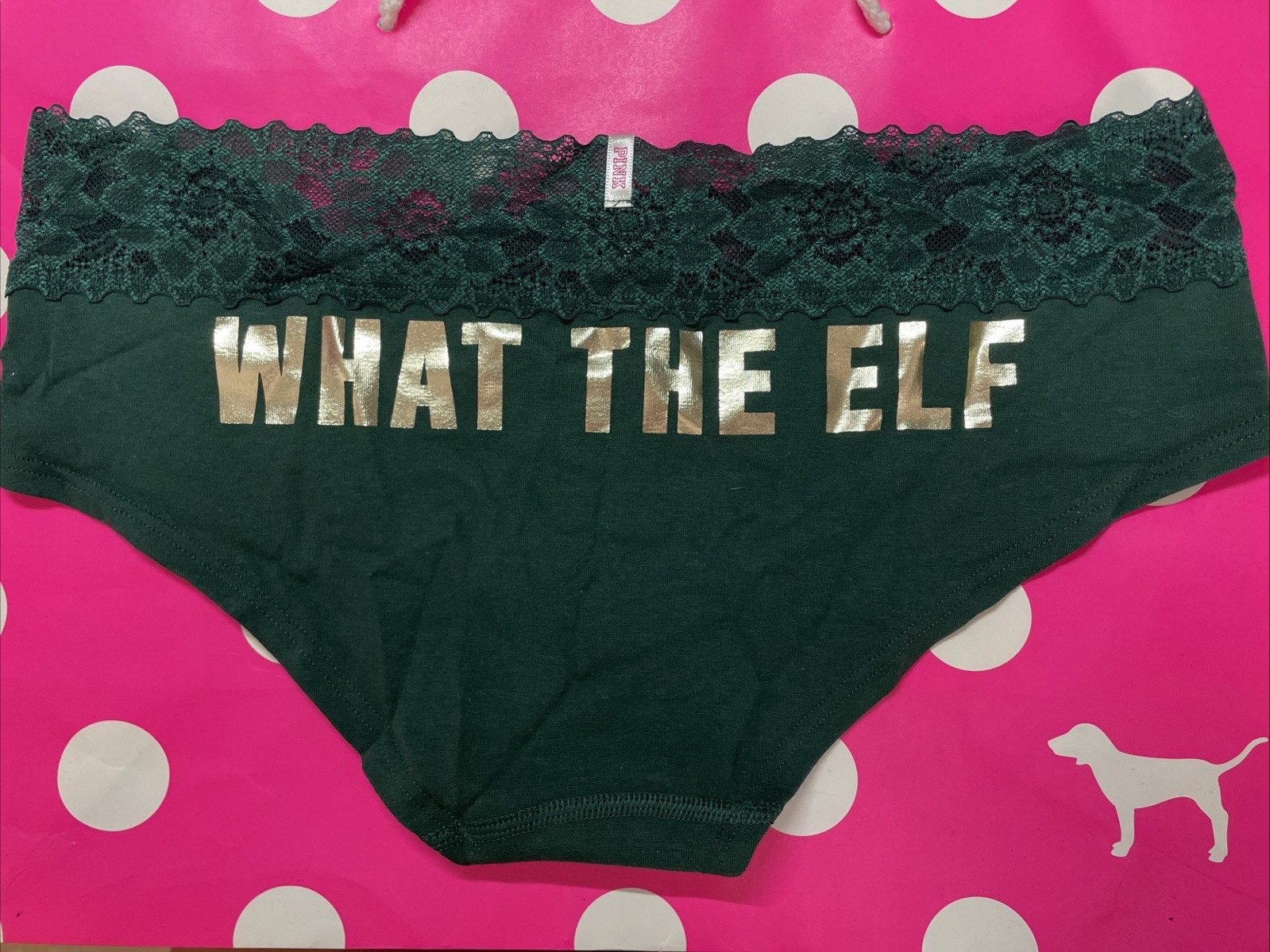 2015 Victoria Secret PINK Vintage Lace Waist Low Hipster Panties M What The Elf