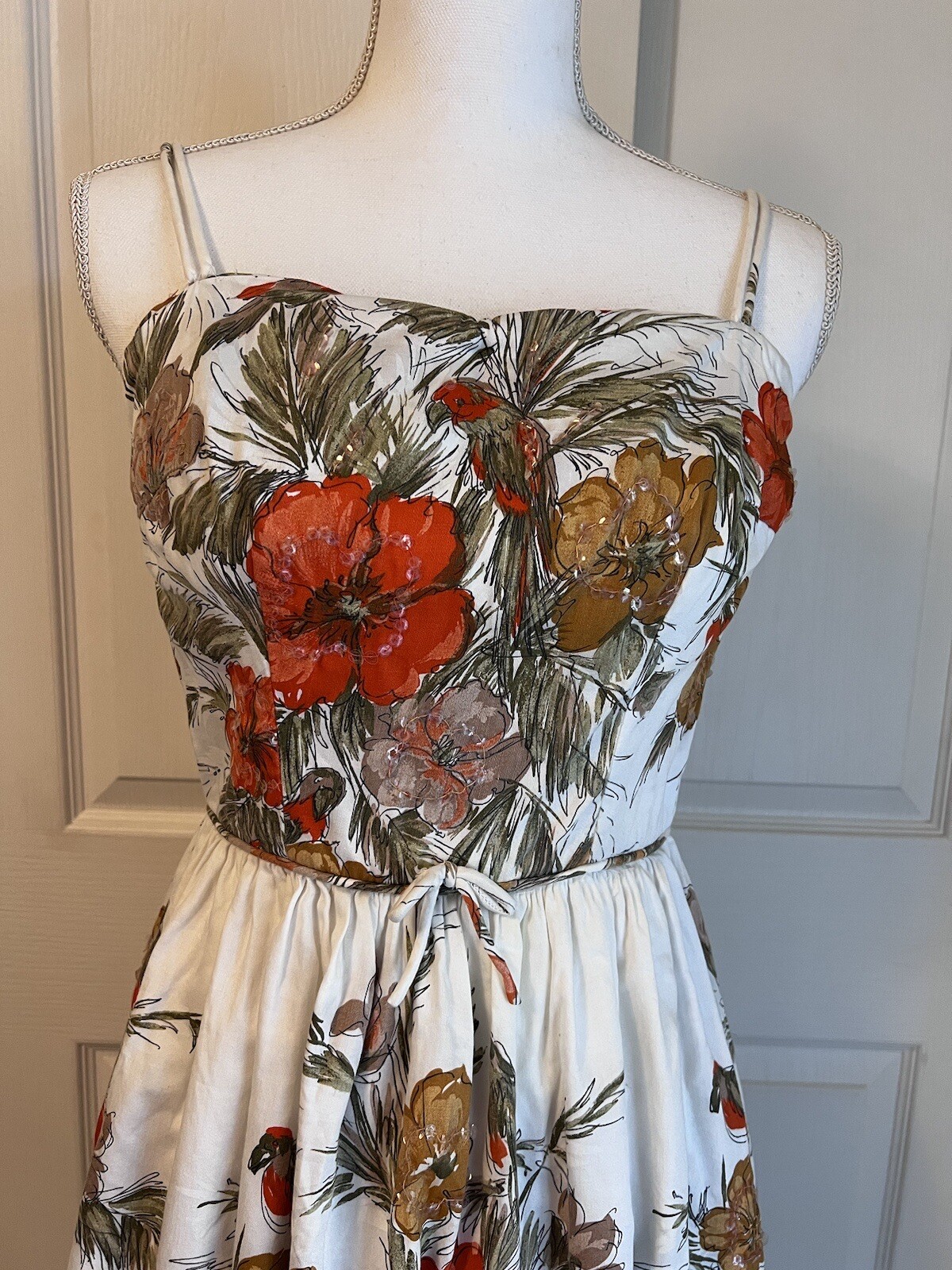 Vintage 50s Carol Craig XS Fit & Flare Sundress Floral Bird Print Dress Sequins