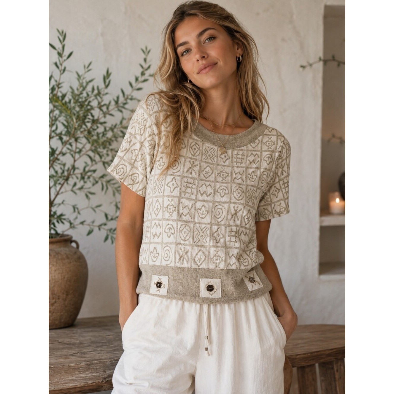 Vintage Popovitch Studio Tribal Knit Sweater Top Petite S Beige Boho Cottagecore