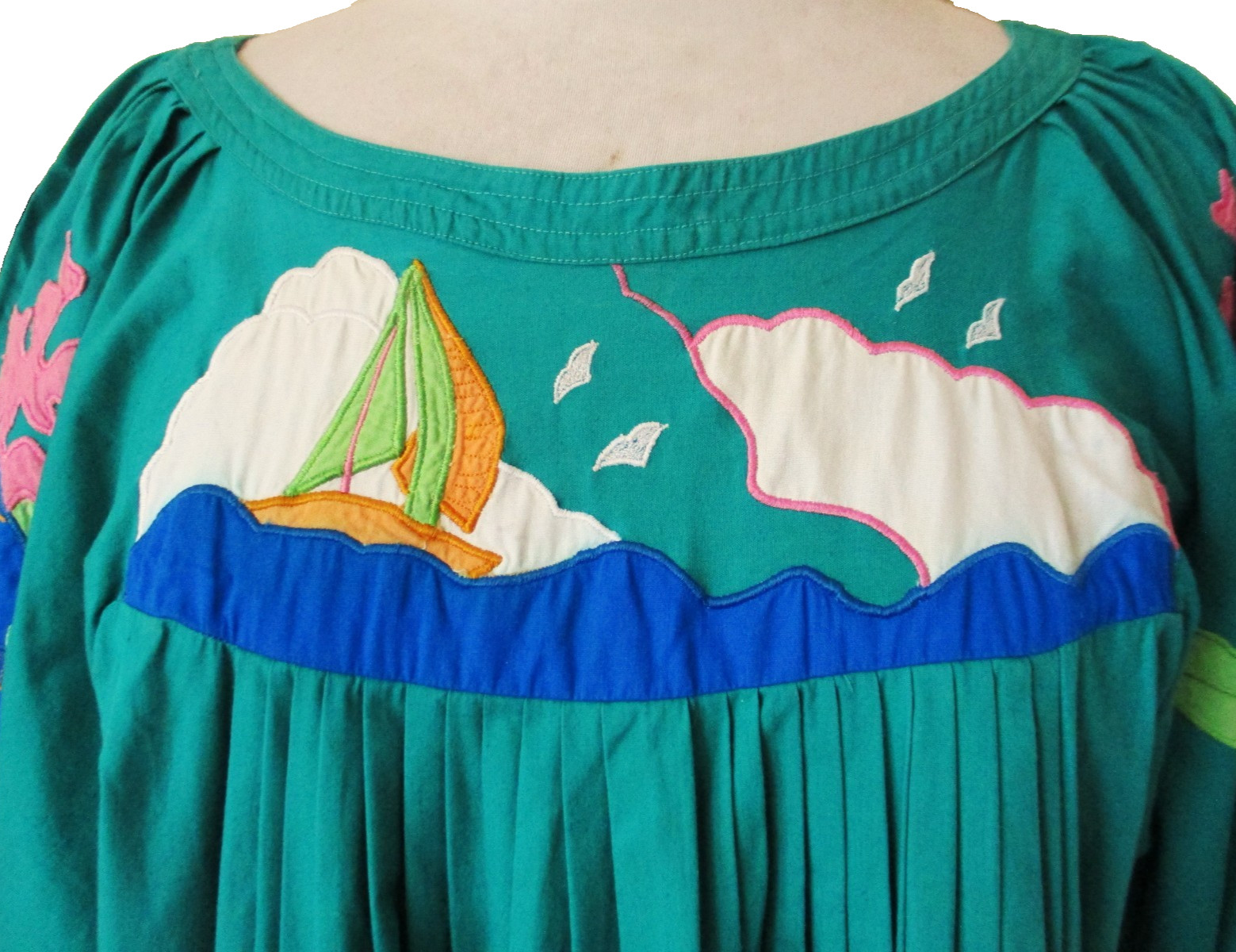Vtg Penchant Dress Caftan M/L Women Teal Green Cotton Seascape Shell Embroidery