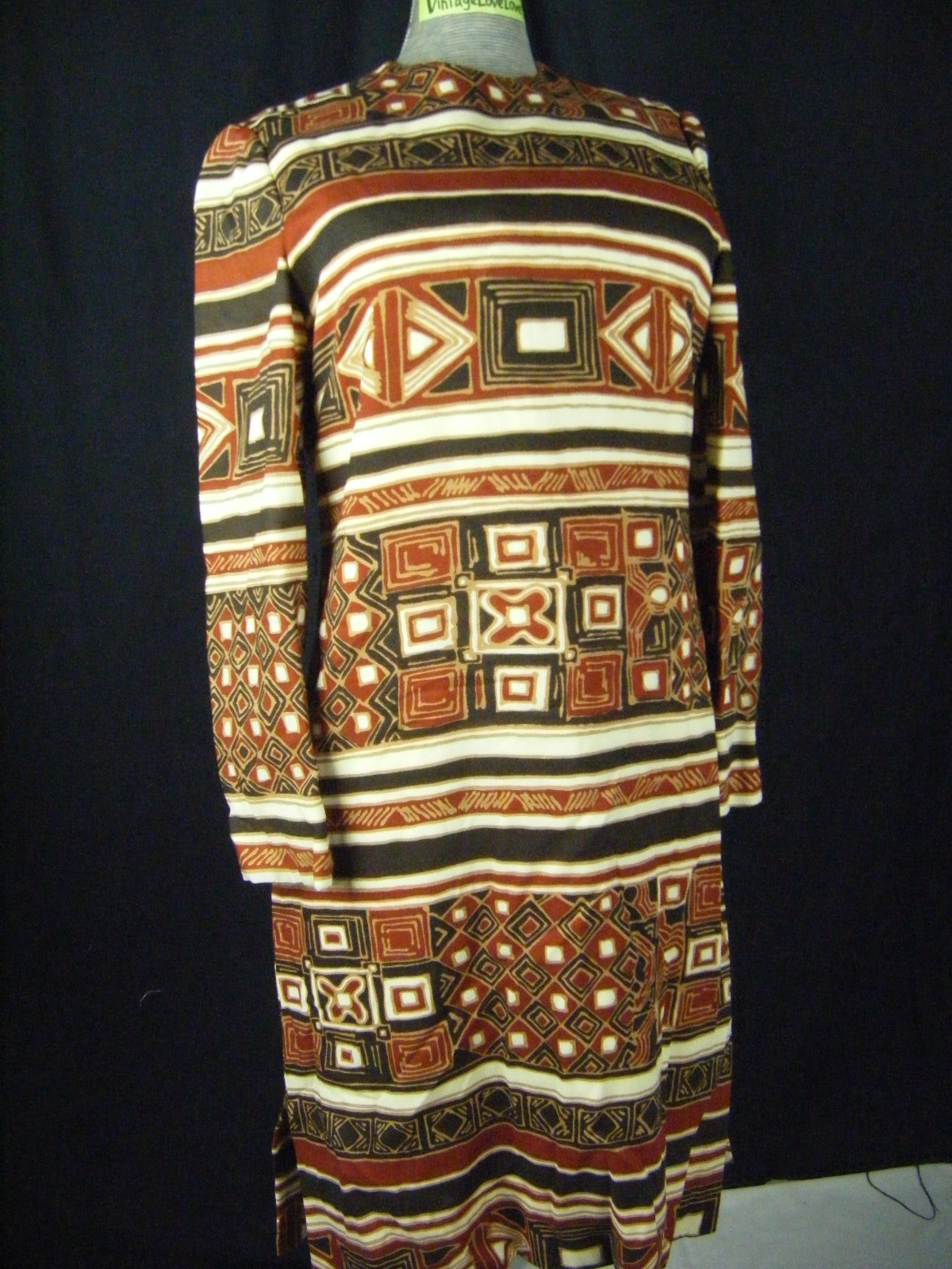ADELE SIMPSON Vtg 60s Designer Brown Mod Printed Sheath Dress- Bust 36/XS
