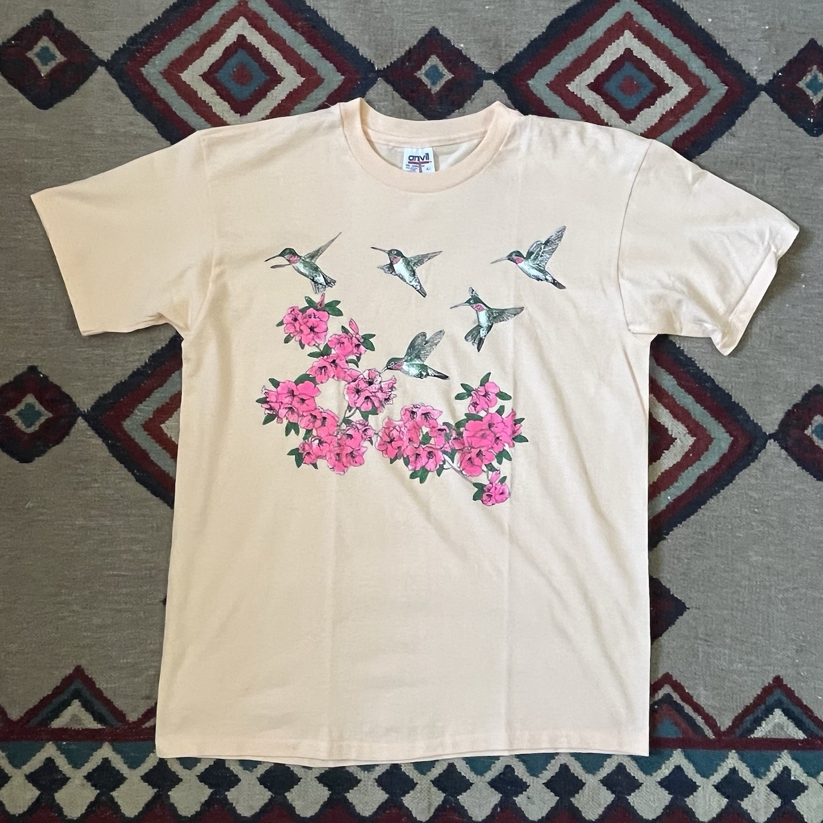 Vintage 90s Hummingbird Flowers T-Shirt Adult Large Anvil USA Made Crewneck