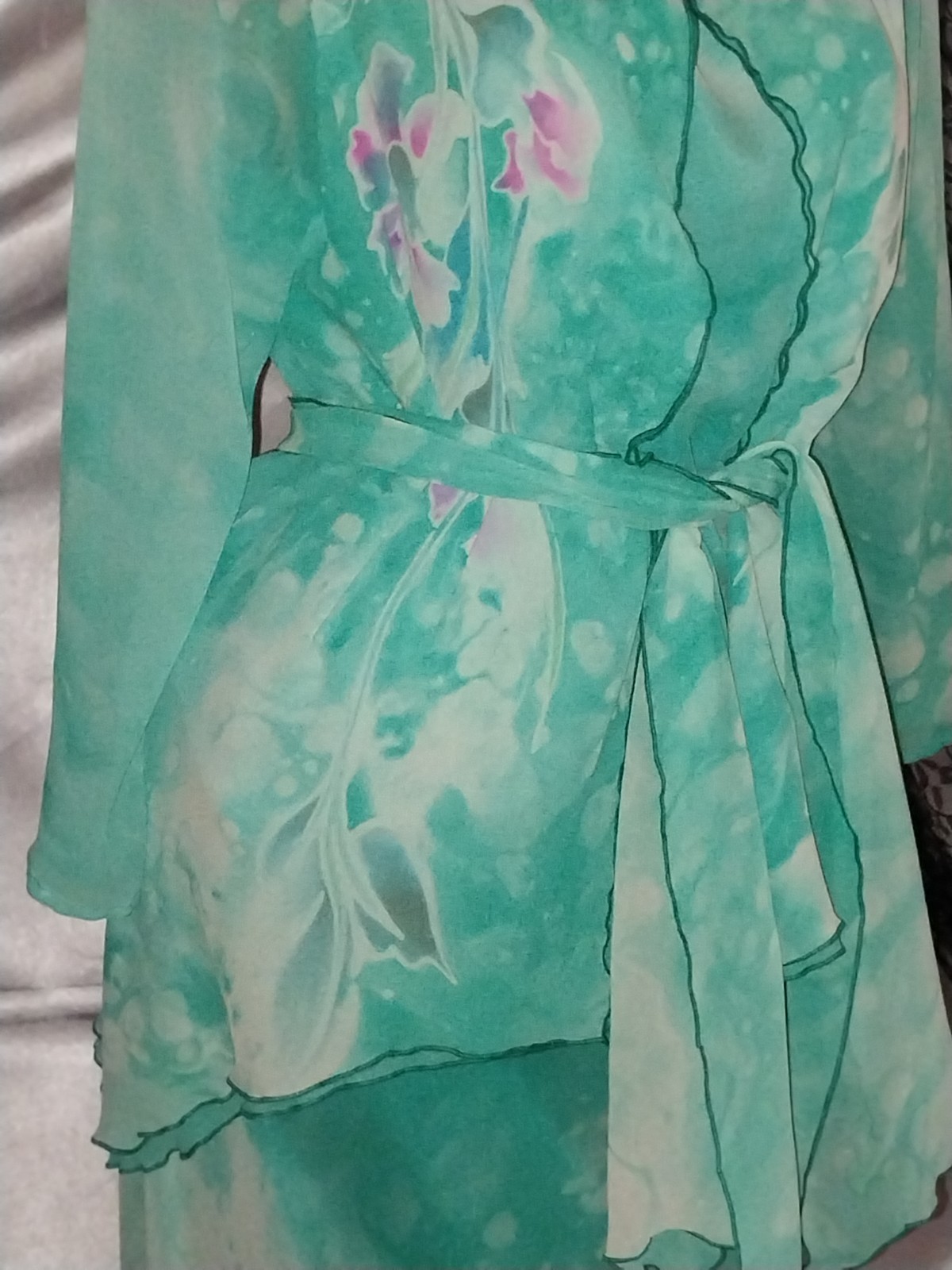 VTG SILK YOLANDA LORENTE HAND PAINTED FLORAL seafoam LAYERS SKIRT BLOUSE L 44