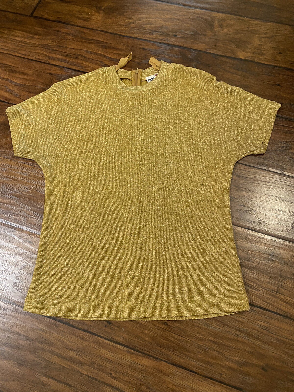 Caron Components Vintage Mock Turtleneck, Sheer Sparkle Gold Knit Top Size 12