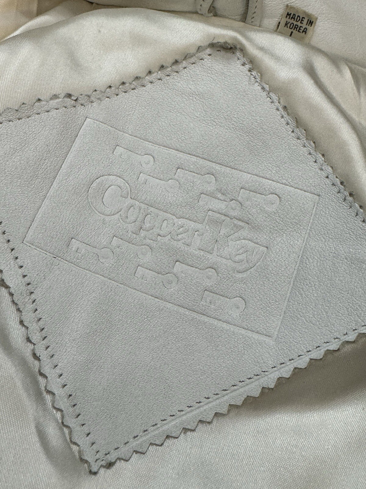 Vintage 1990s COPPER KEY White Leather Jacket Womens Large Rhinestone Coat Moto