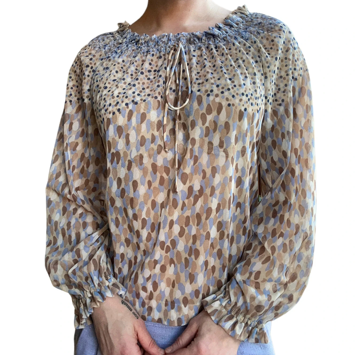 Vintage &rsquo;70s NOS Deadstock &lsquo;California Girl&rsquo; Sheer Polka Dot Peasant Blouse M/L