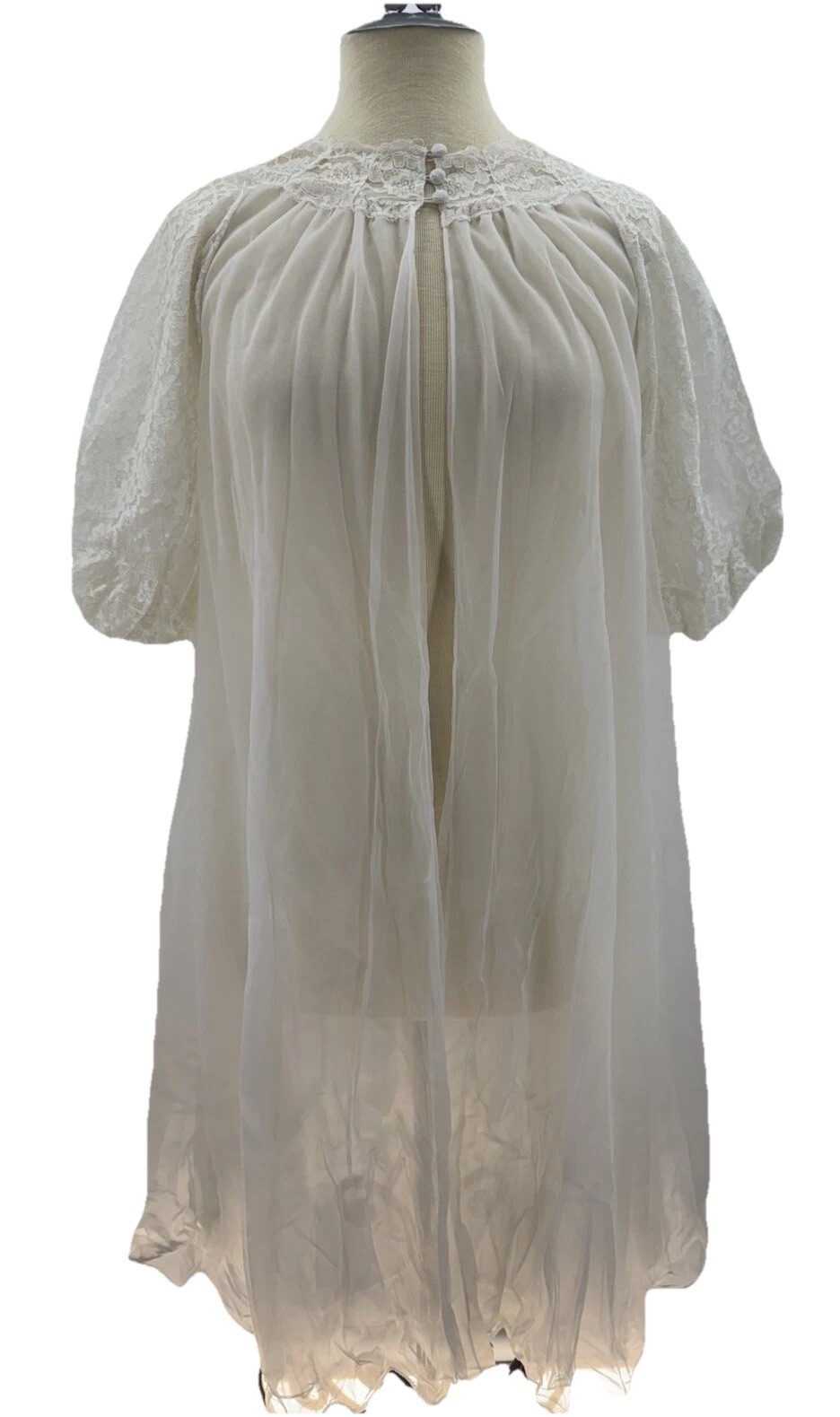 Vintage Vanity Fair Peignoir Robe White Sheer Nylon Lace 50s 60s Sz 34 Lingerie