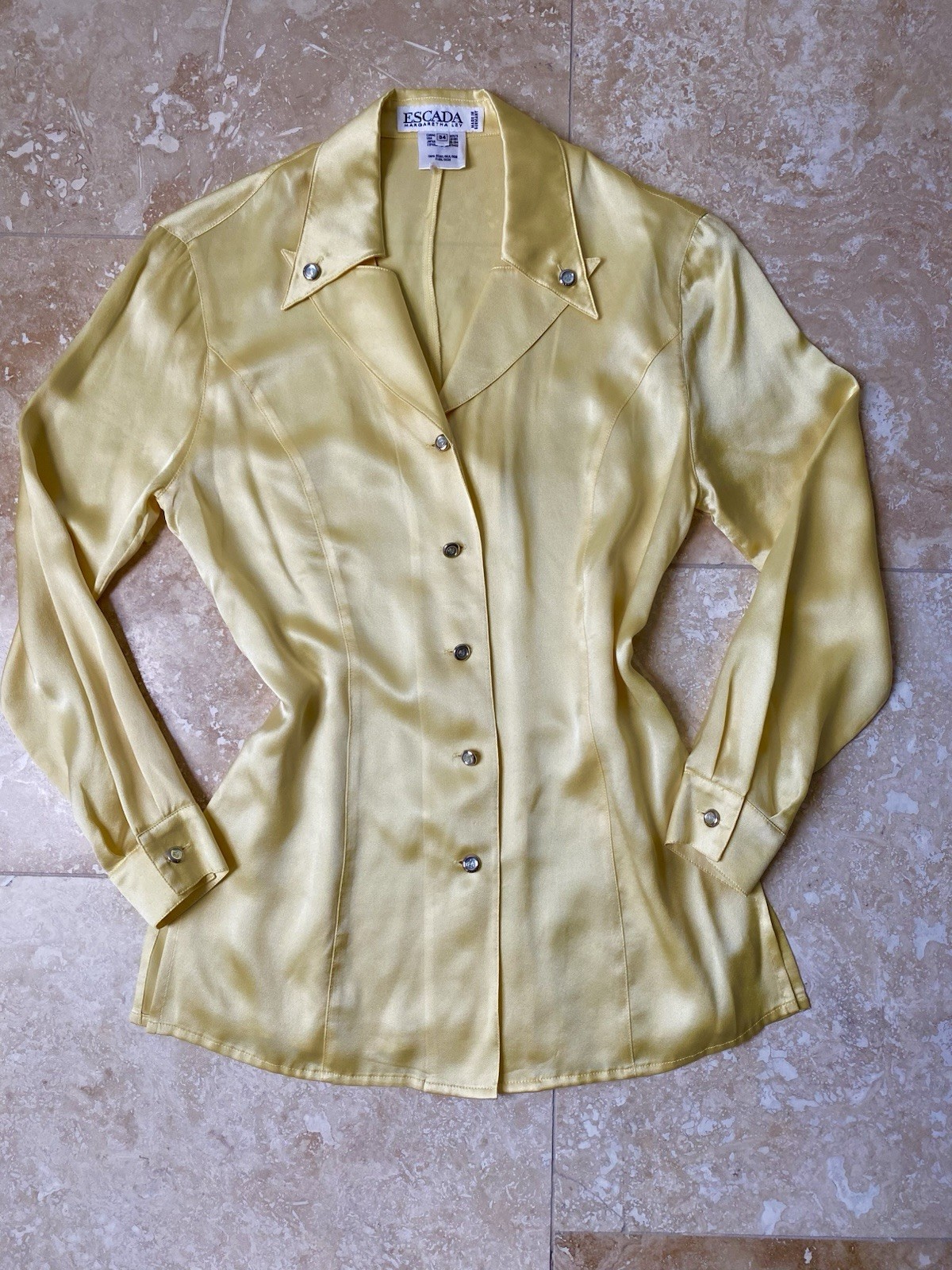 Gorgeous Vintage Escada by Margaretha Rey Canary Yellow Silk Blouse, Size 34