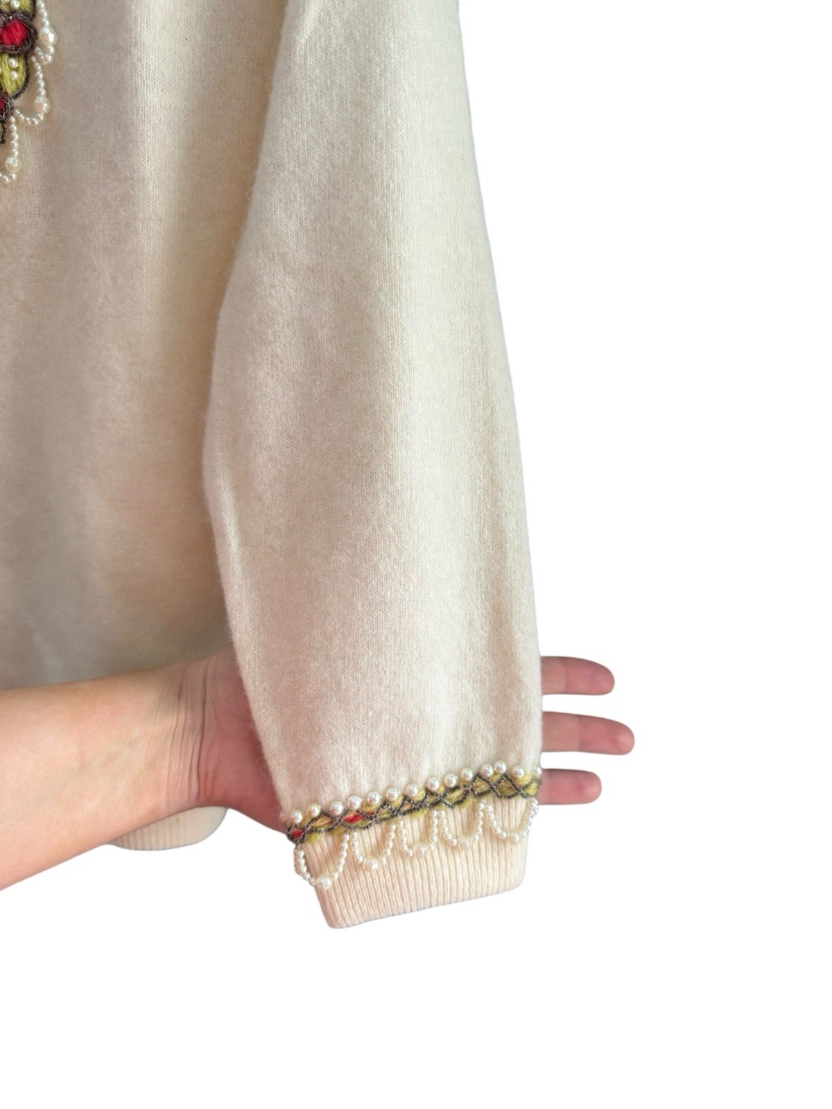 Vtg Burdine’s Sunshine All Over Beaded Ivory Cardigan Sweater Lambswool 36 Small