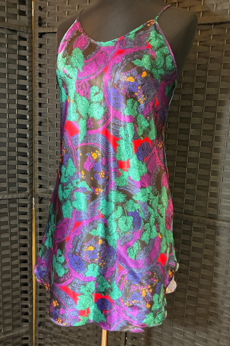 Vintage LADY CAMEO Short BLACKLIGHT NEON NIGHTGOWN Small ART NOUVEAU Slip Dress
